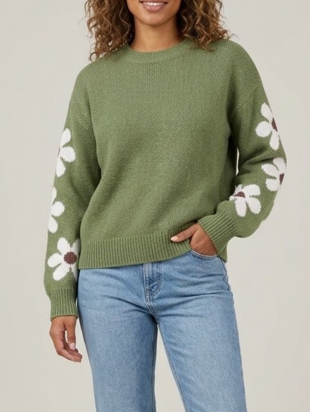Green Chunky Knit Boho Sweater with Daisy Floral Sleeves - Size Small - NWT